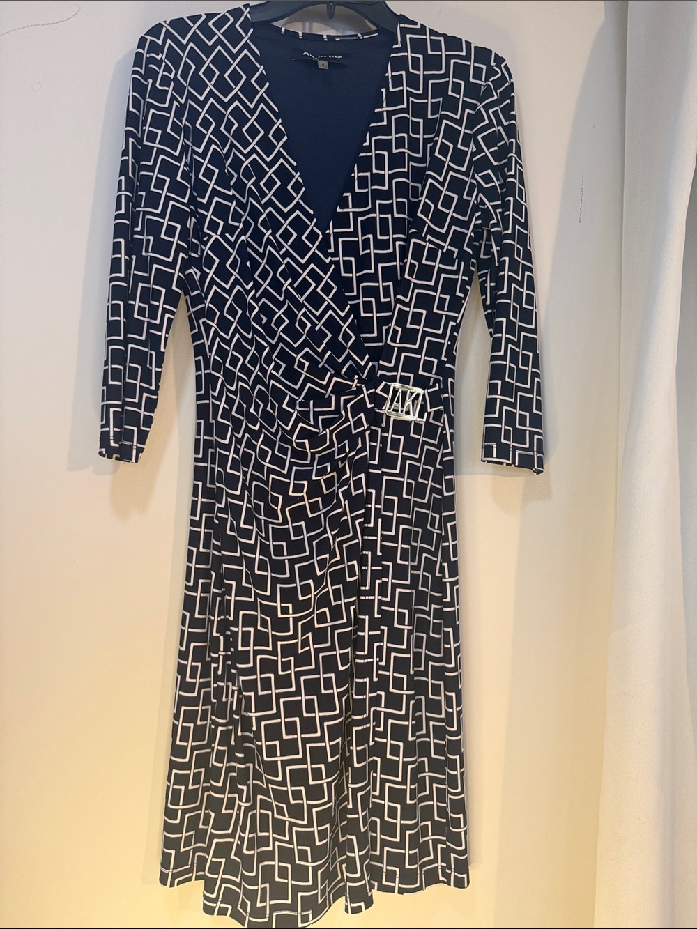 Anne Klein Navy Blue and White Geometric Midi Wrap Dress